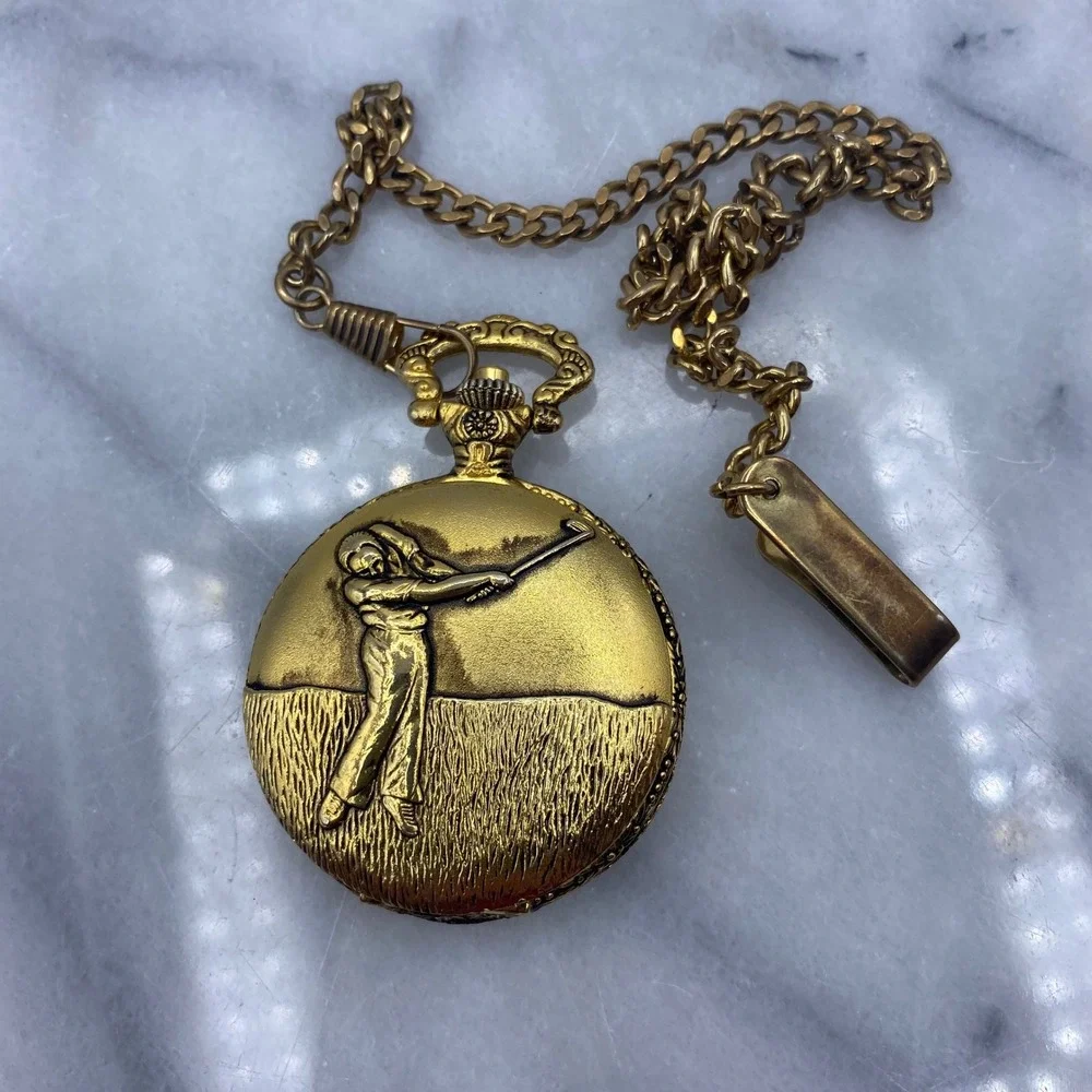 Milan Mens Pocket Watch Gold Golfer Relief Quartz Hunter Case Chain Clip Club
